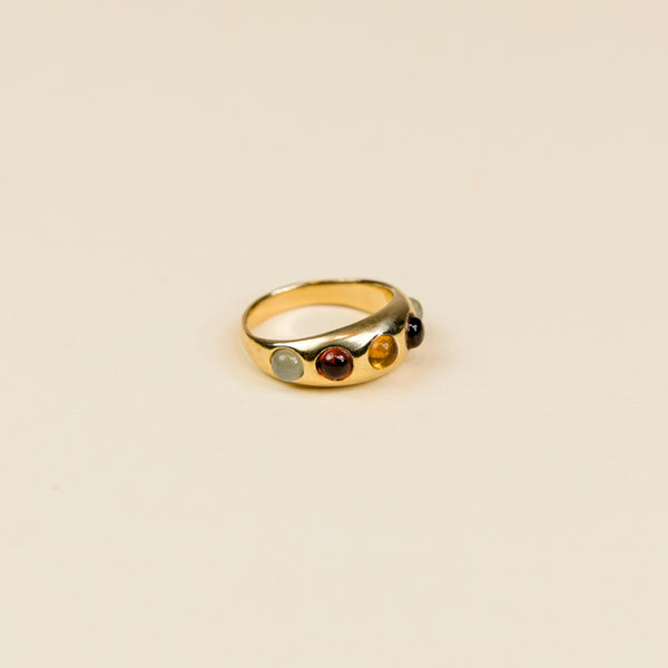 Narrow Confetti Ring, Yellow Bronze - Red Garnet, Yellow Citrine, Blue Aquamarine