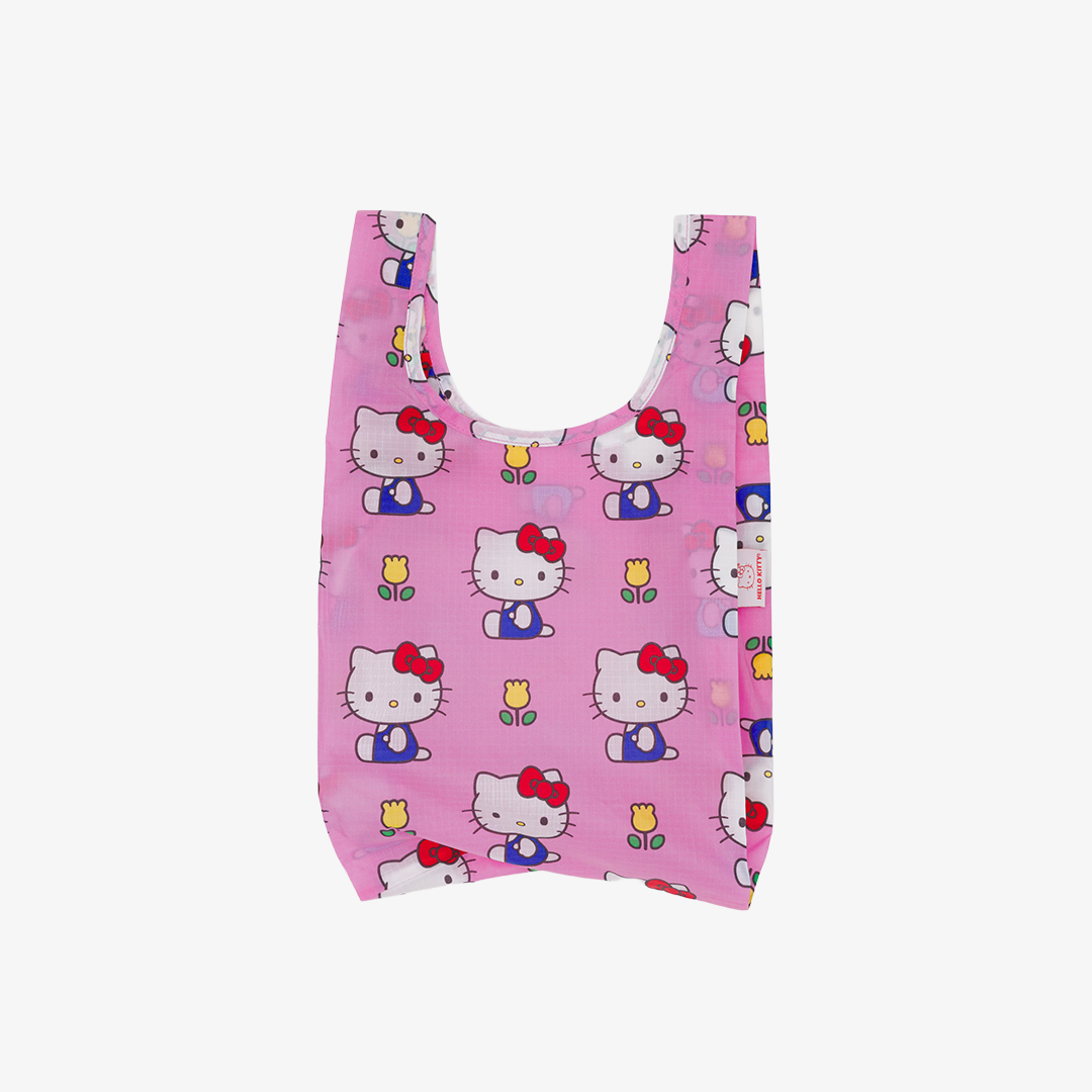 Pink reusable bag with Hello Kitty pattern on a white background