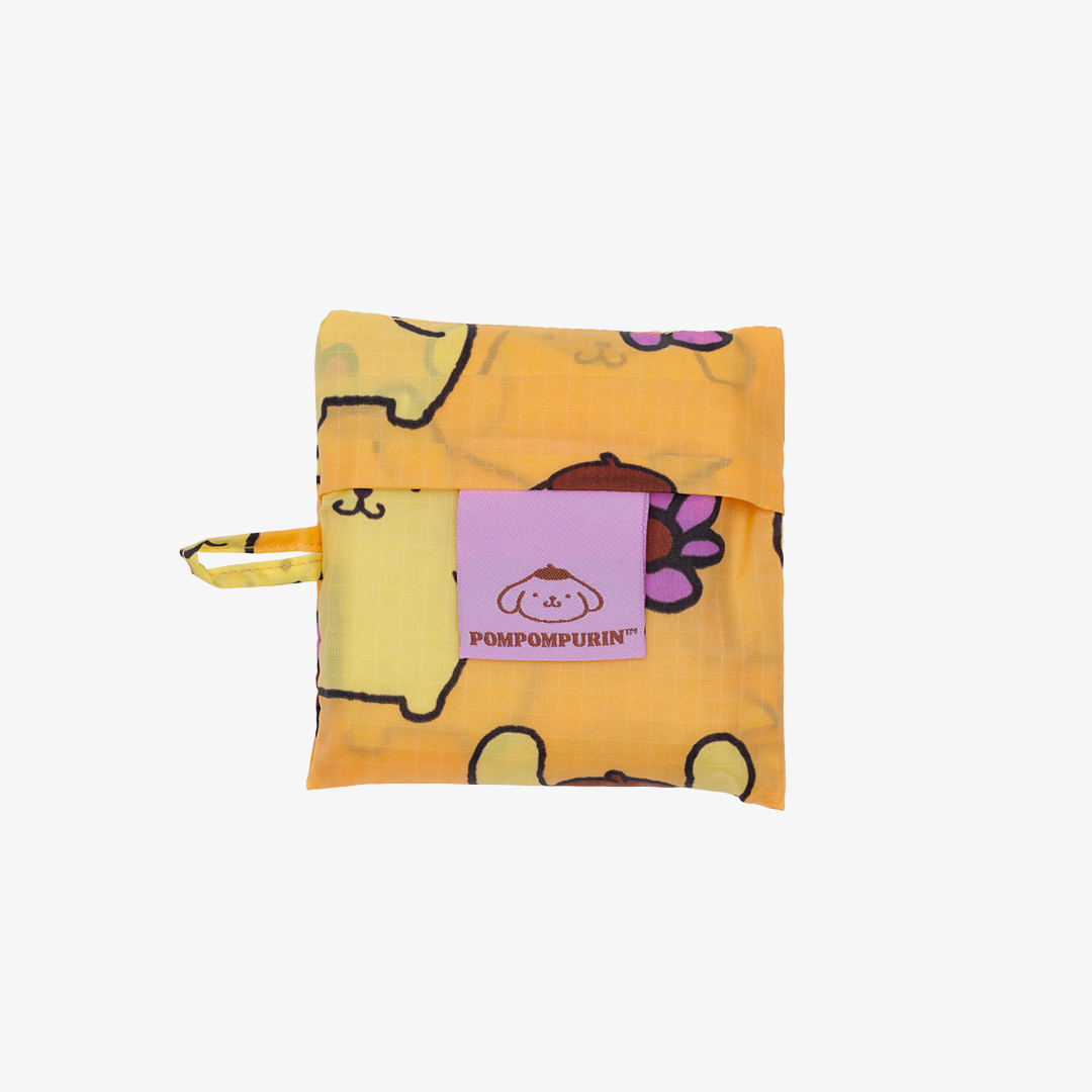 Yellow pouch with cartoon character design and 'Pompompurin' logo on a white background