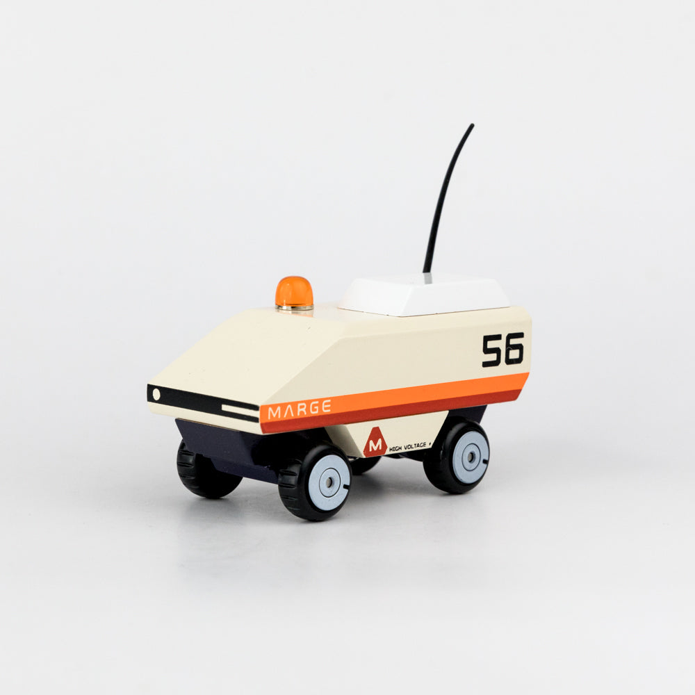 Toy robot with 'MARS' branding on a white background