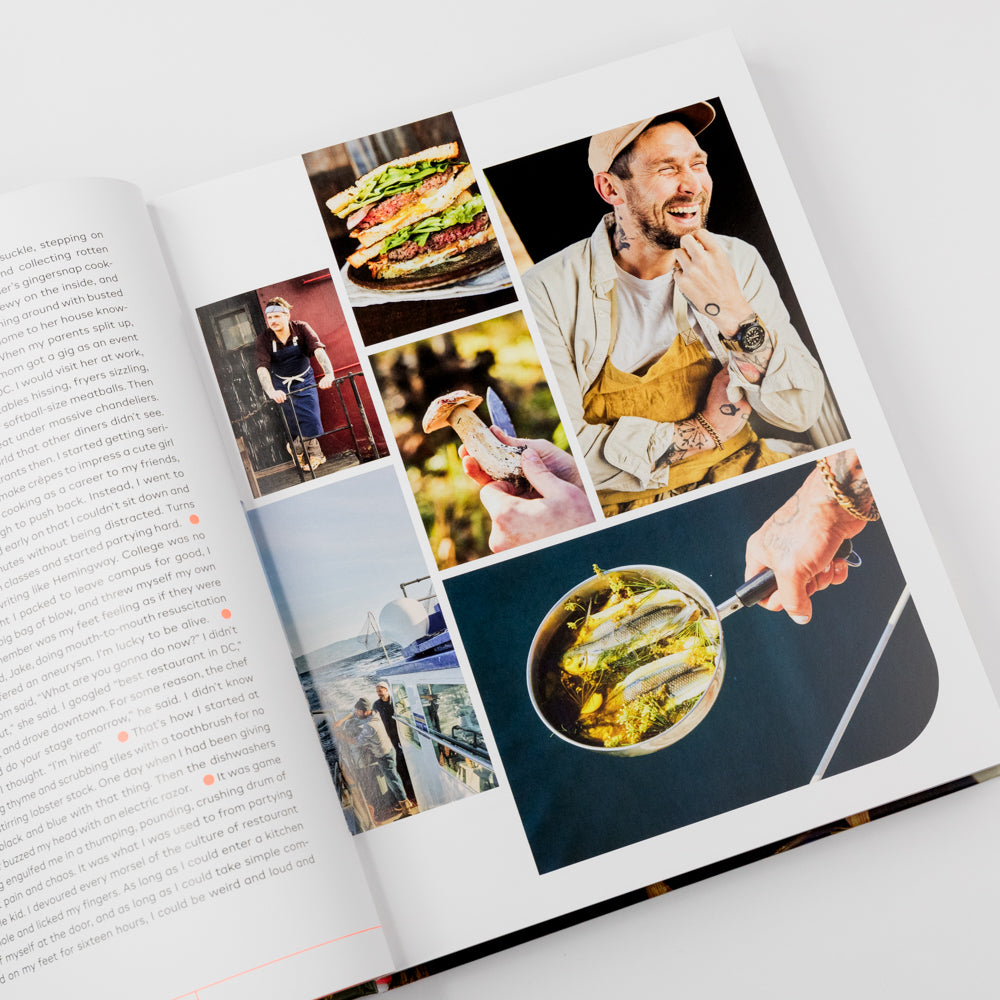 Open book with images of a sandwich, people, and food on a white background