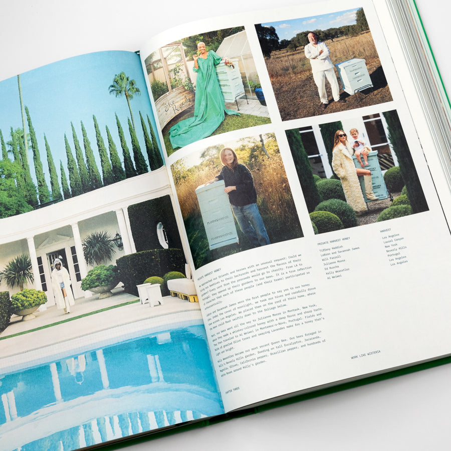 Open book with photographs of people in outdoor settings, including a pool.