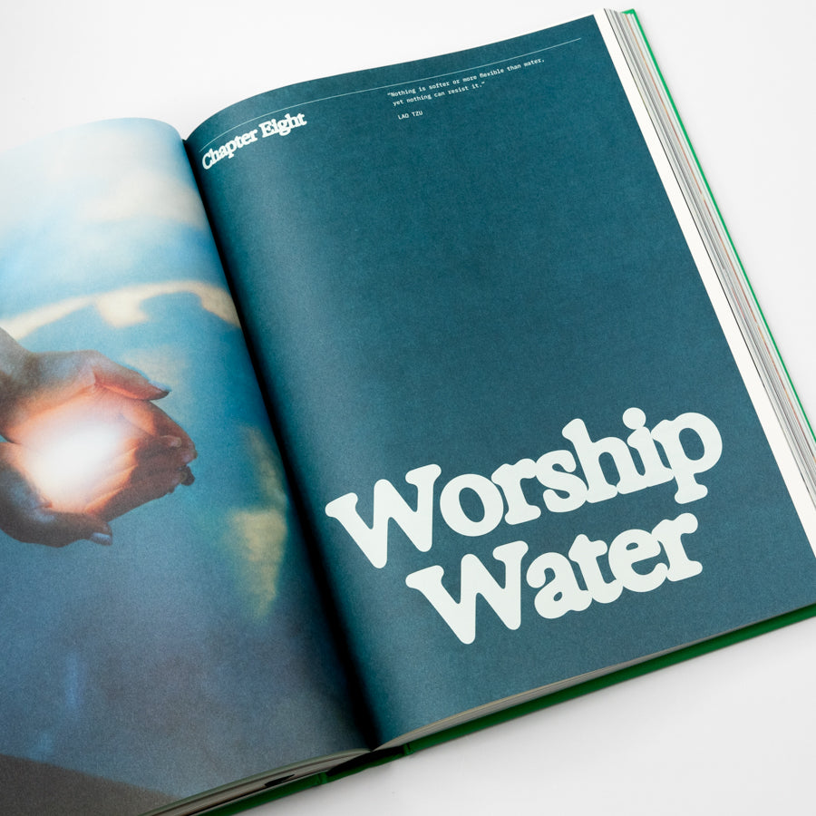 Open book with 'Chapter Eight' and 'Worship Water' text on a white background