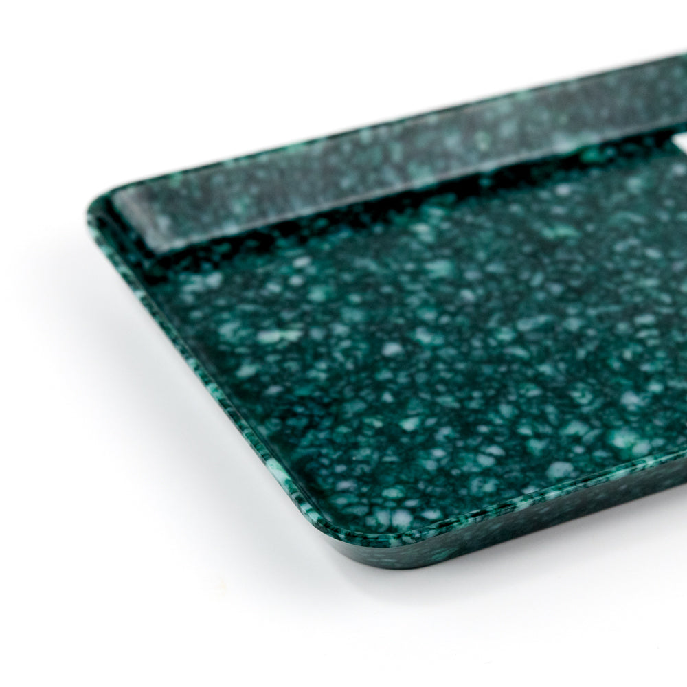 Green speckled rectangular tray on a white background