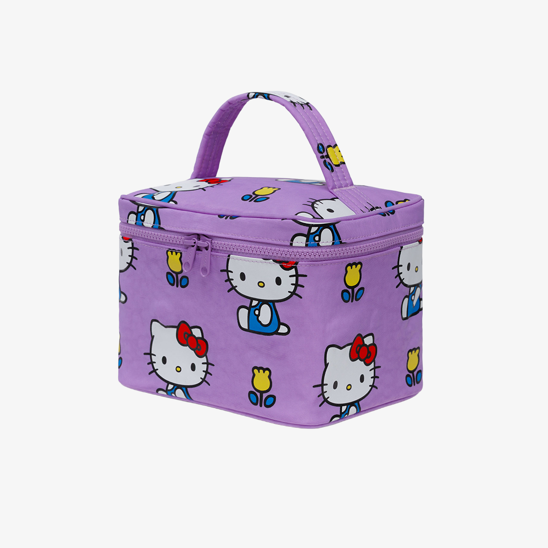 Purple cosmetic bag with Hello Kitty pattern on a white background