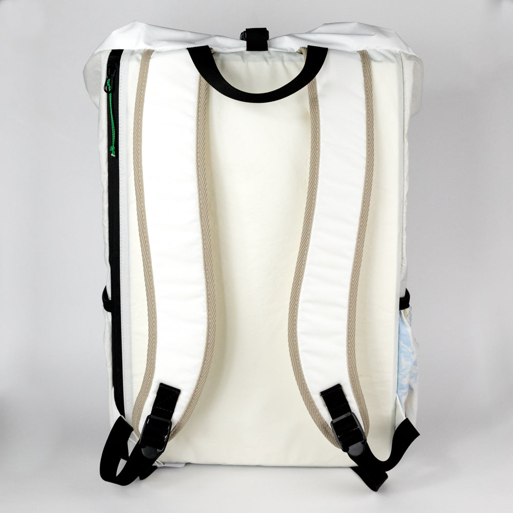 White backpack with black straps on a white background