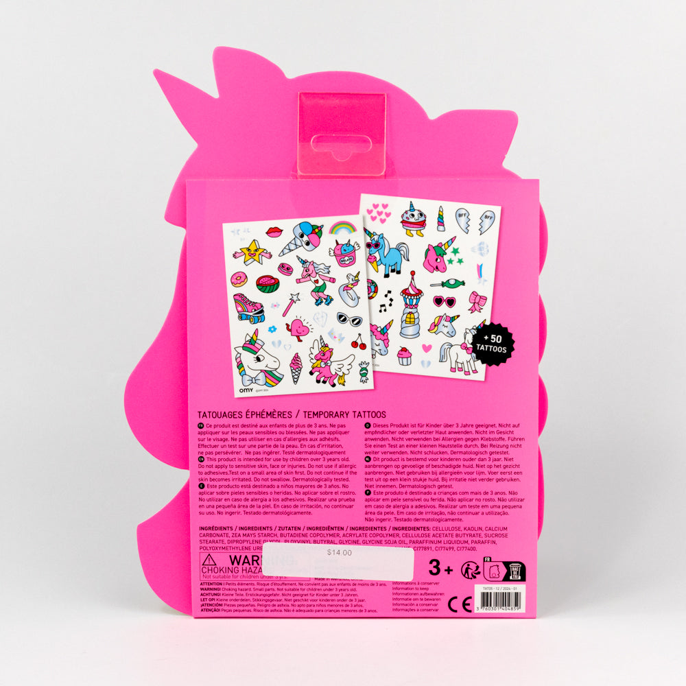 Pink packaging with temporary tattoos on a white background