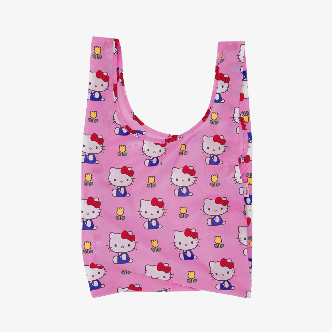 Pink reusable bag with Hello Kitty pattern on a white background