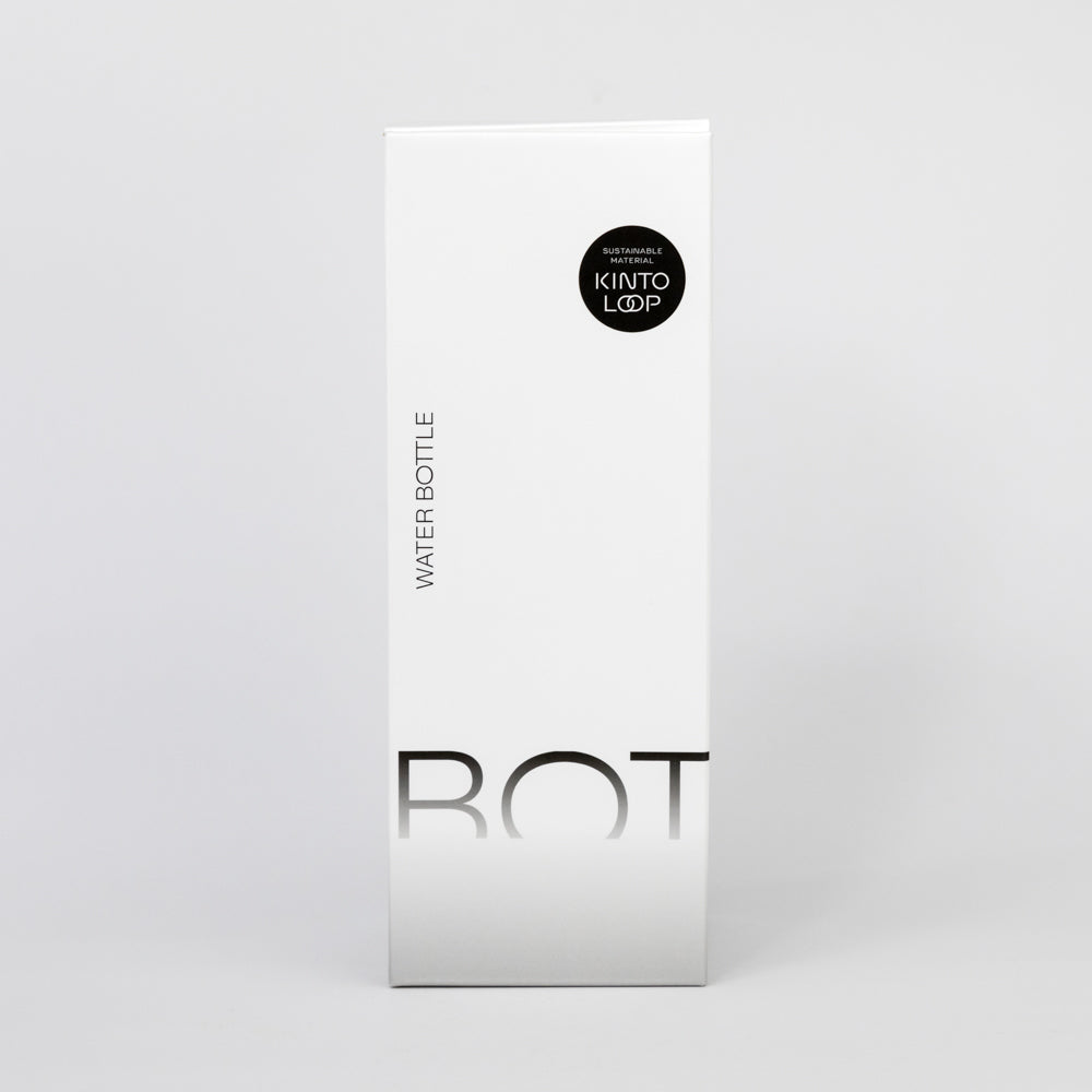 White packaging of a water bottle with 'Kinto Loop' branding on a light gray background