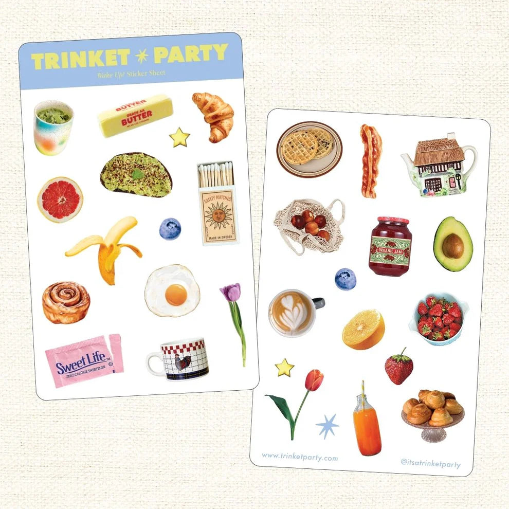 Pack of stickers with food-themed designs on a white background