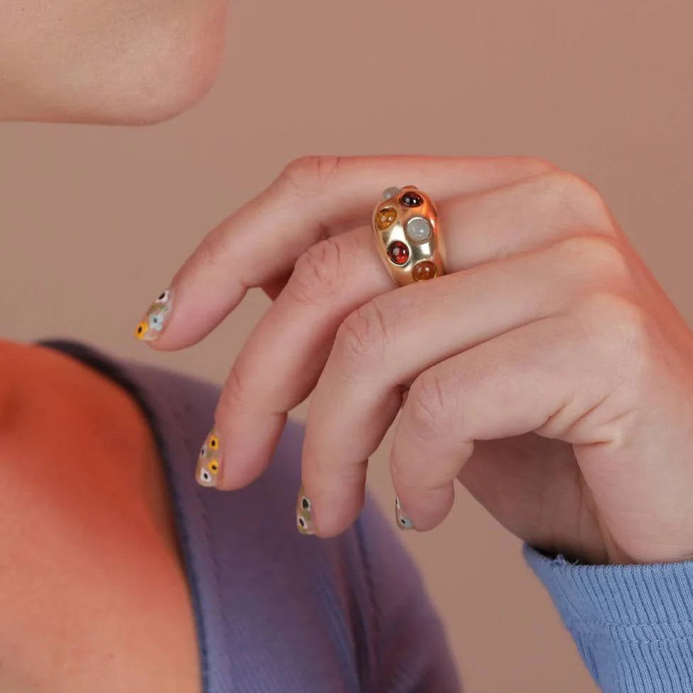 Wide Confetti Ring, Yellow Bronze - Teal Chrysoprase, Purple Lolite, Sparkly Opal by Take Shape Studio