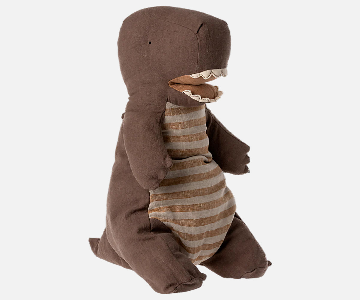 Brown dinosaur toy with a striped outfit on a white background