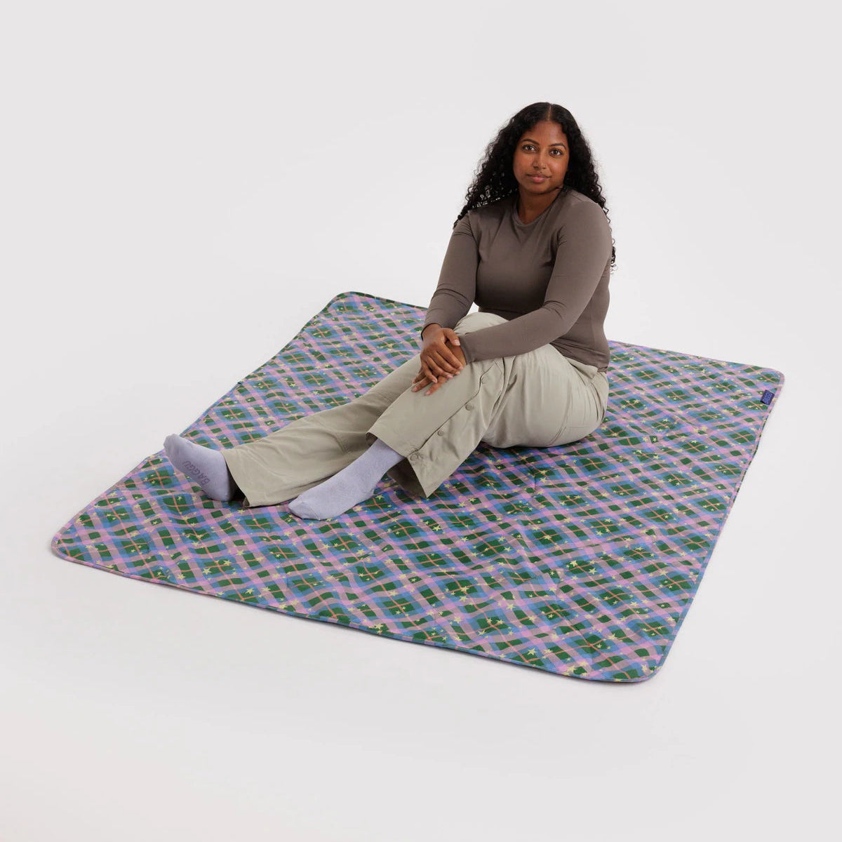Puffy Picnic Blanket - Green Star Plaid