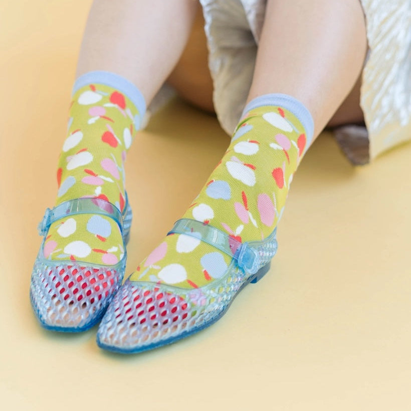 Women's Green Pink Apple Print Crew Socks