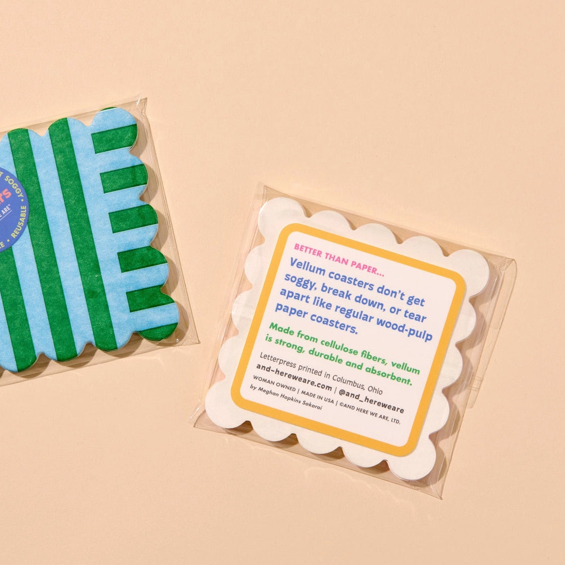 Two sets of Vellum Coasters with green and blue striped design on a beige background