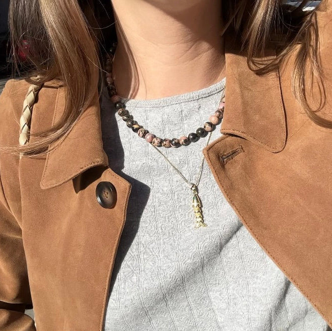 Person wearing a brown coat and gray sweater with a necklace.