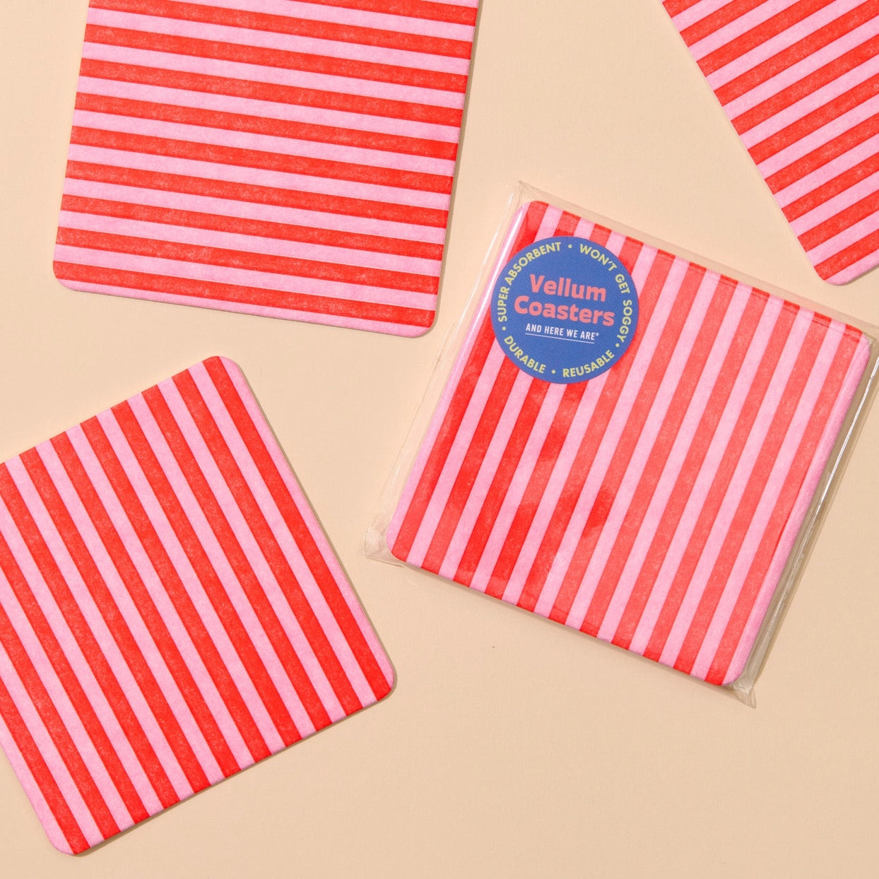 Cabana Stripe Red/Pink Letterpress Vellum Coaster Set of 4