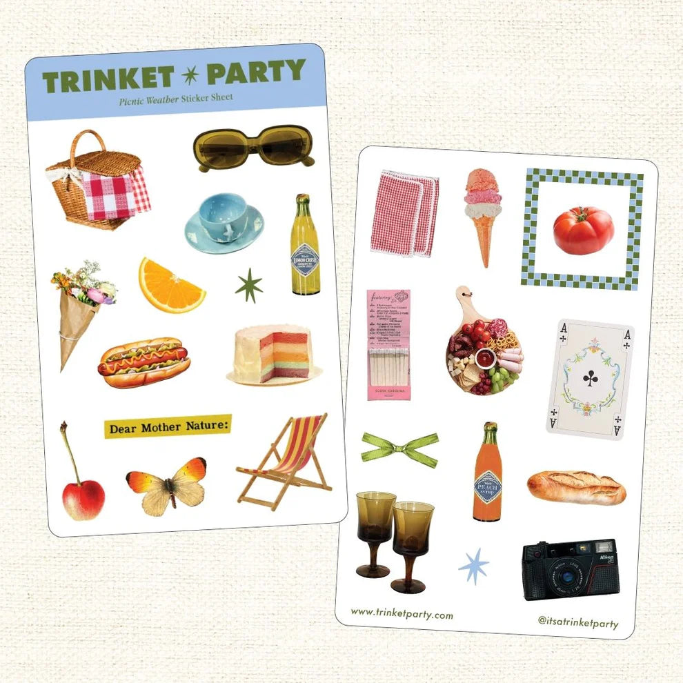 Sticker sheet packaging with illustrations and 'Trinket Party' branding on a white background