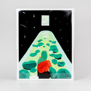 Artwork of a stylized green bathtub with lily pads and a person looking at a skylight  against a black starry sky.