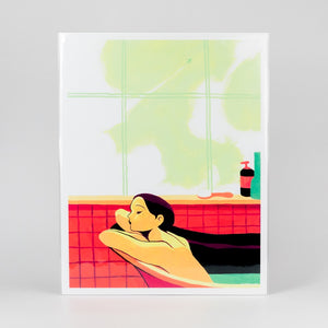 Illustration of a woman relaxing in a hot tub with a view of abstract greenery outside.