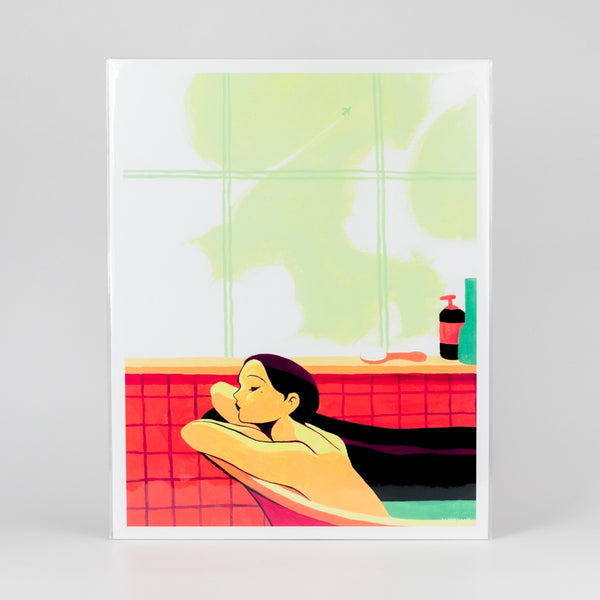 Illustration of a woman relaxing in a hot tub with a view of abstract greenery outside.
