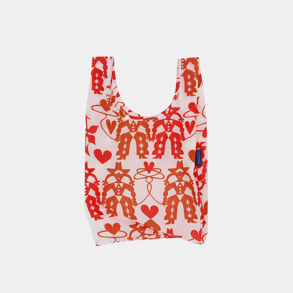 Reusable shopping bag with red pattern on a white background