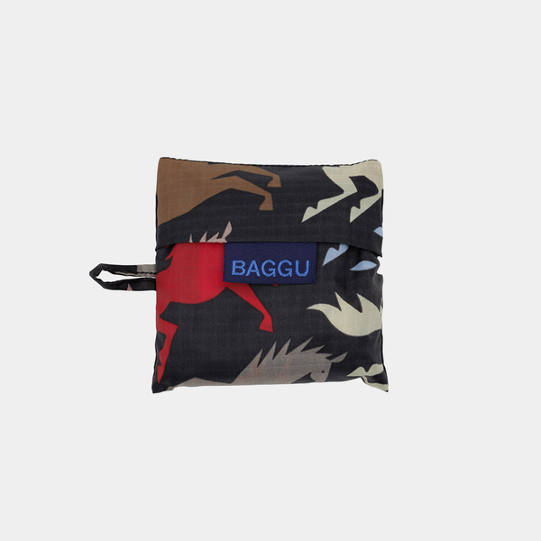 Multicolored reusable bag with 'BAGGU' branding on a light gray background