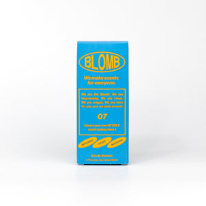 Blue box with yellow text featuring the brand 'BLOMB' on a white background