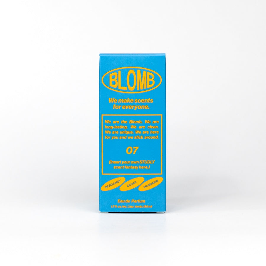 Blue box with yellow text featuring the brand 'BLOMB' on a white background