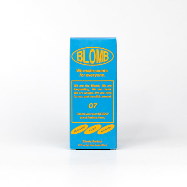 Blue box with yellow text featuring the brand 'BLOMB' on a white background