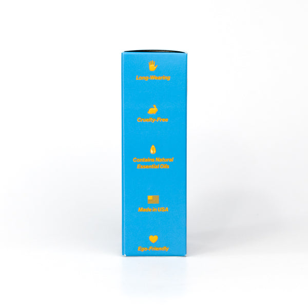 Blue box with yellow text and icons on a white background