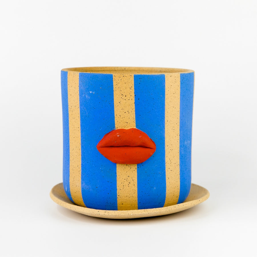 Blue Striped Lips Planter 4"