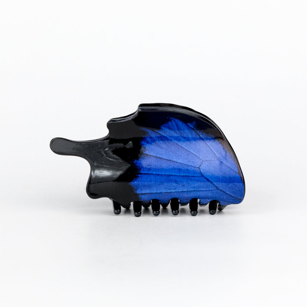 Black hair clip with a blue butterfly wing on a white background