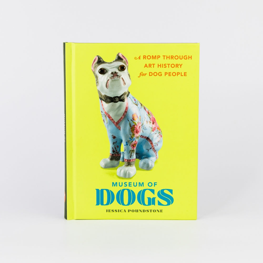 Book titled 'Museum of Dogs' with a dog figurine on a yellow background