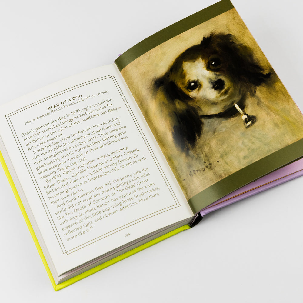 Open book with a painting of a dog on one page and text on the other, on a white background.
