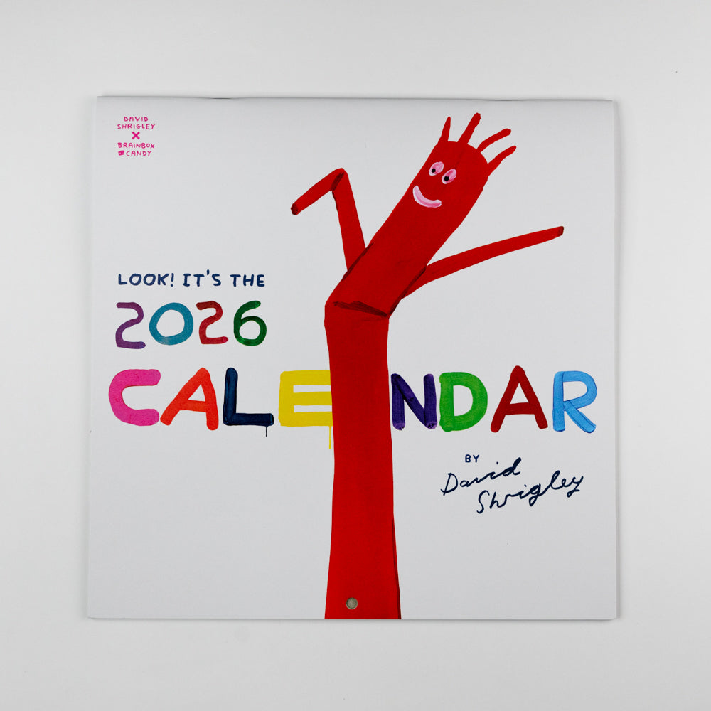 Calendar cover with a red arm-like figure and colorful text on a white background