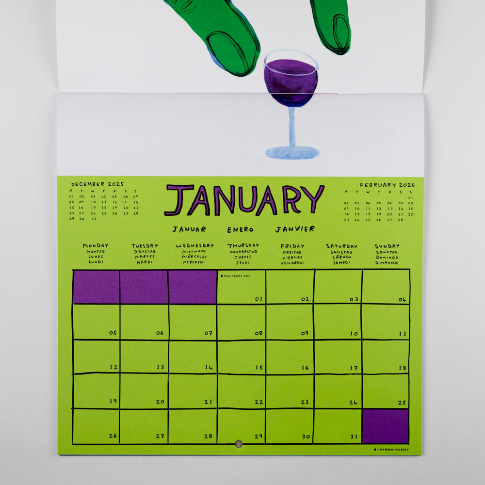 Calendar with a green background and purple accents, featuring a wine glass illustration.
