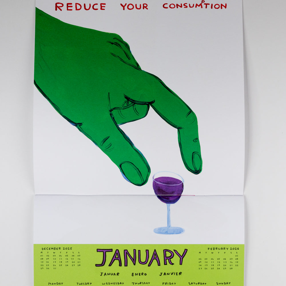 Calendar with a green hand pointing to a wine glass, text 'Reduce Your Consumption', and January 2023 dates.