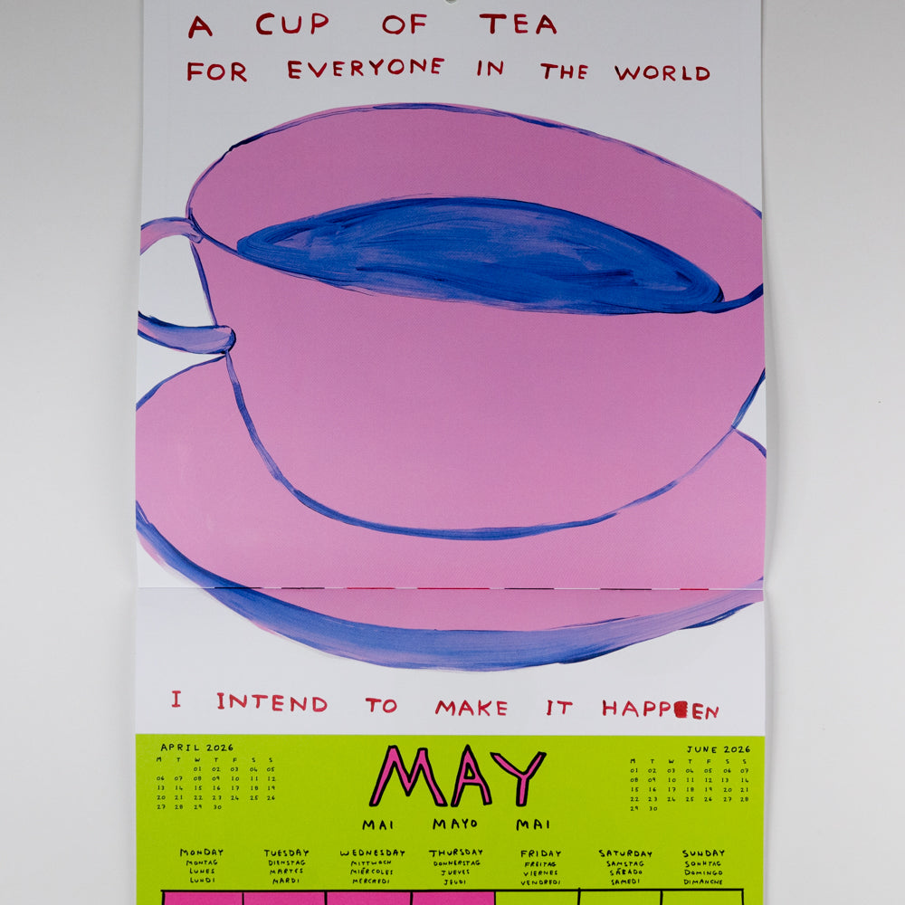 Calendar with a pink teacup design and motivational text on a white background