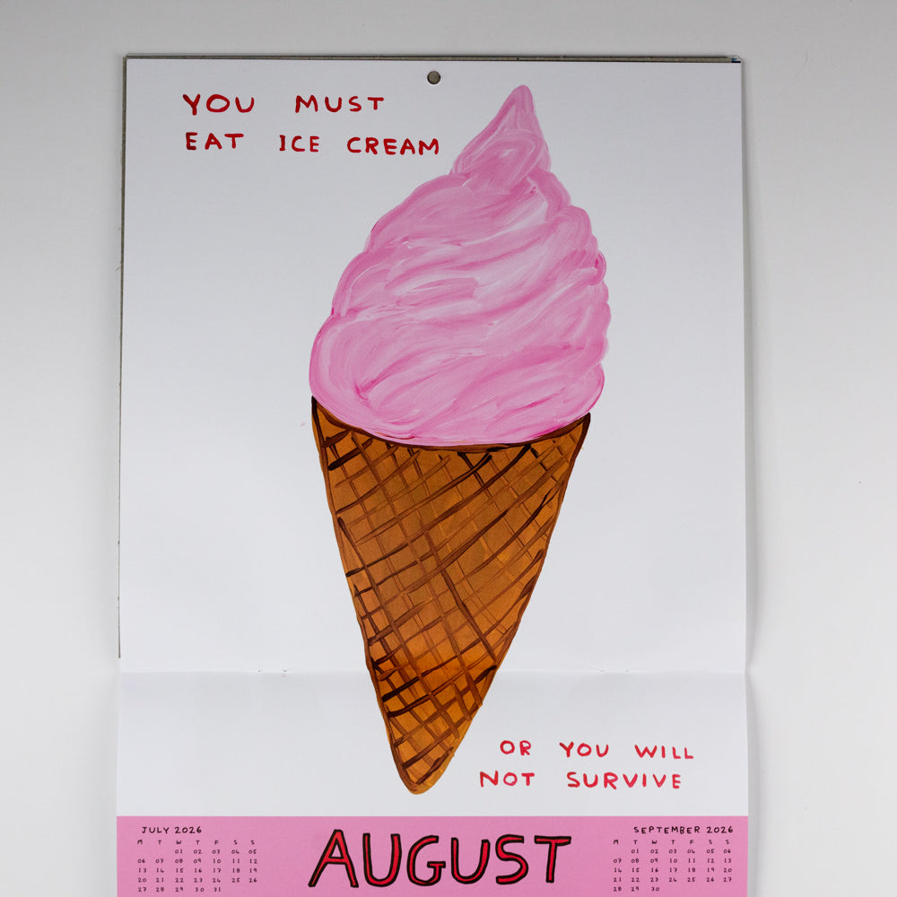 Calendar with pink ice cream cone and text on a white background
