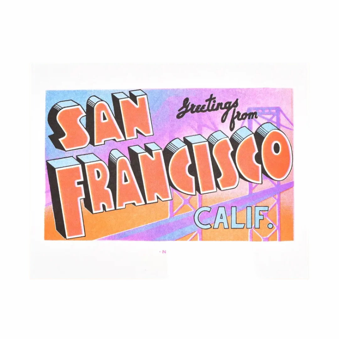 Vintage-style 'Greetings from San Francisco Calif.' text on a colorful background