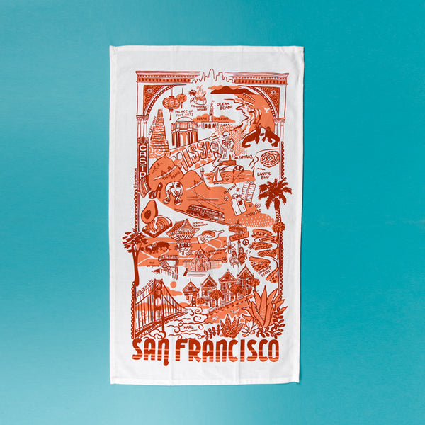 San Francisco Tea Towel in red by Jean Mason