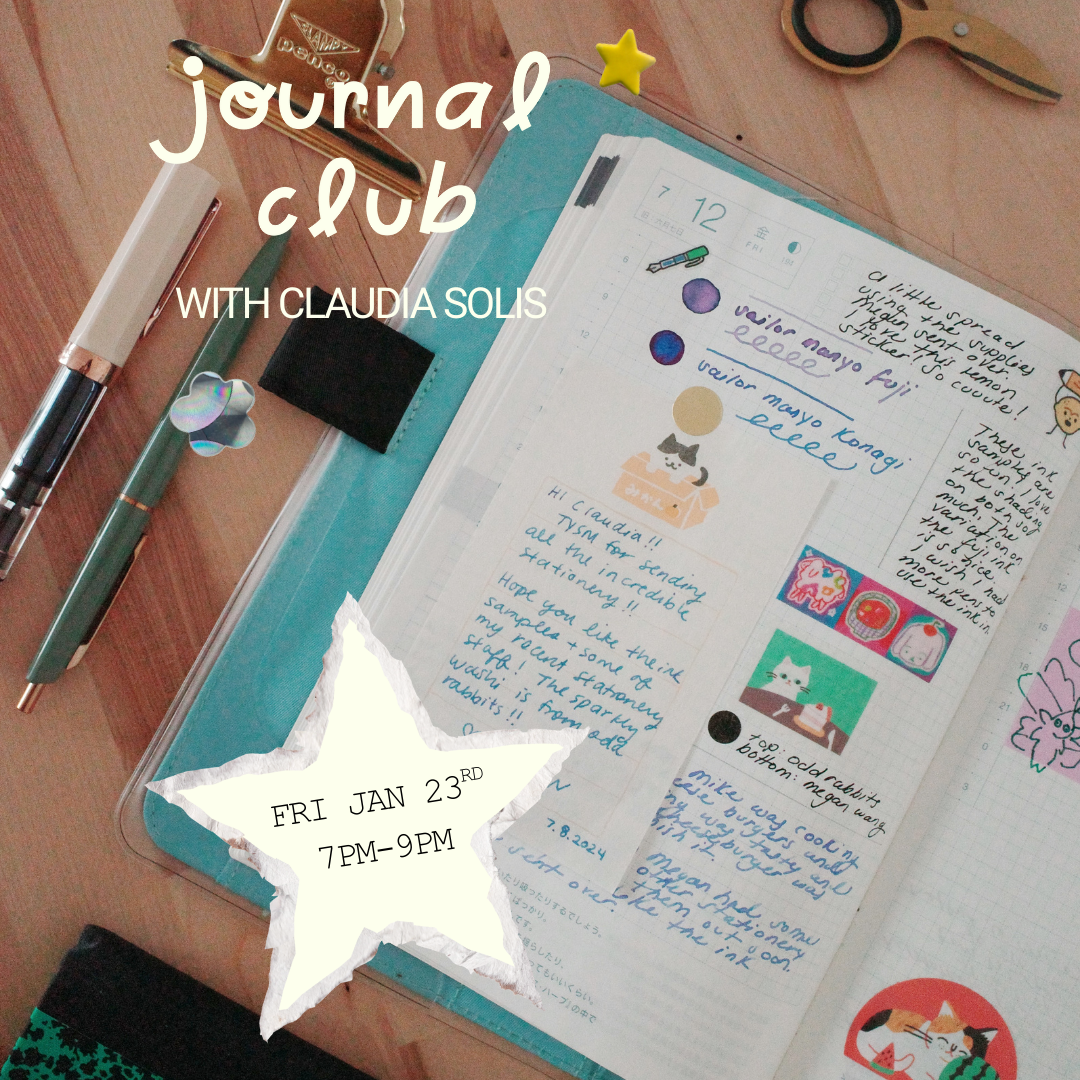 Journal club event flyer with a decorated journal on a wooden surface