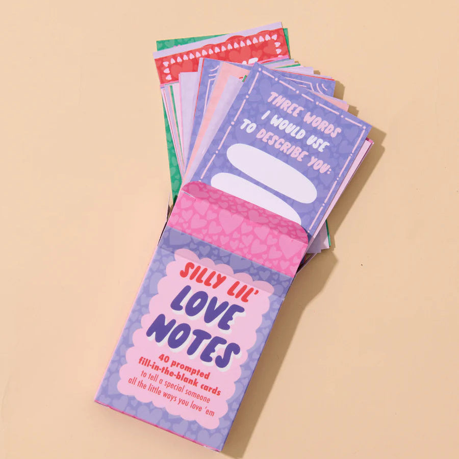 Box of 'Silly Lil Love Notes' cards on a white background