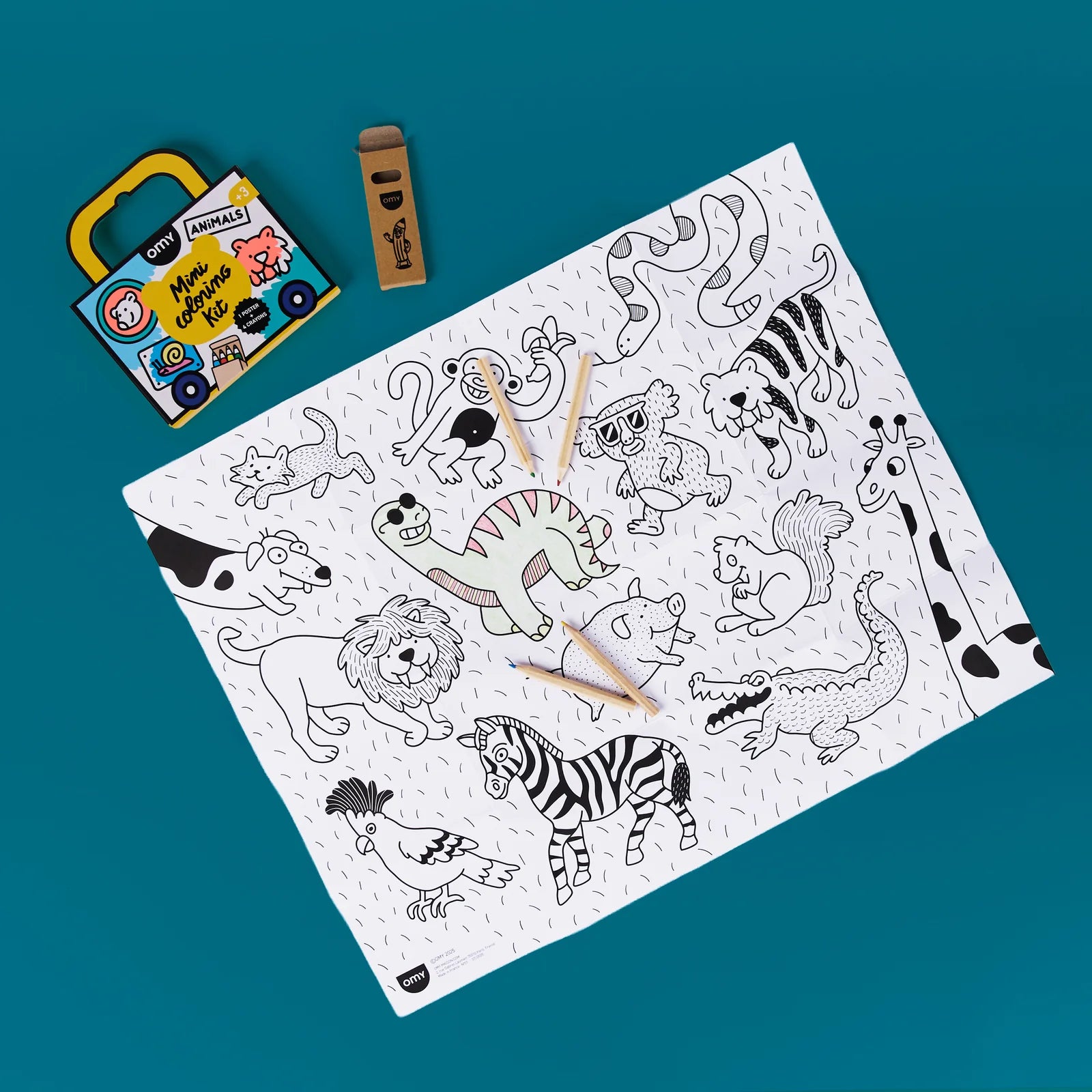 Coloring sheet with animal outlines, coloring pencils, and a stamp on a teal background