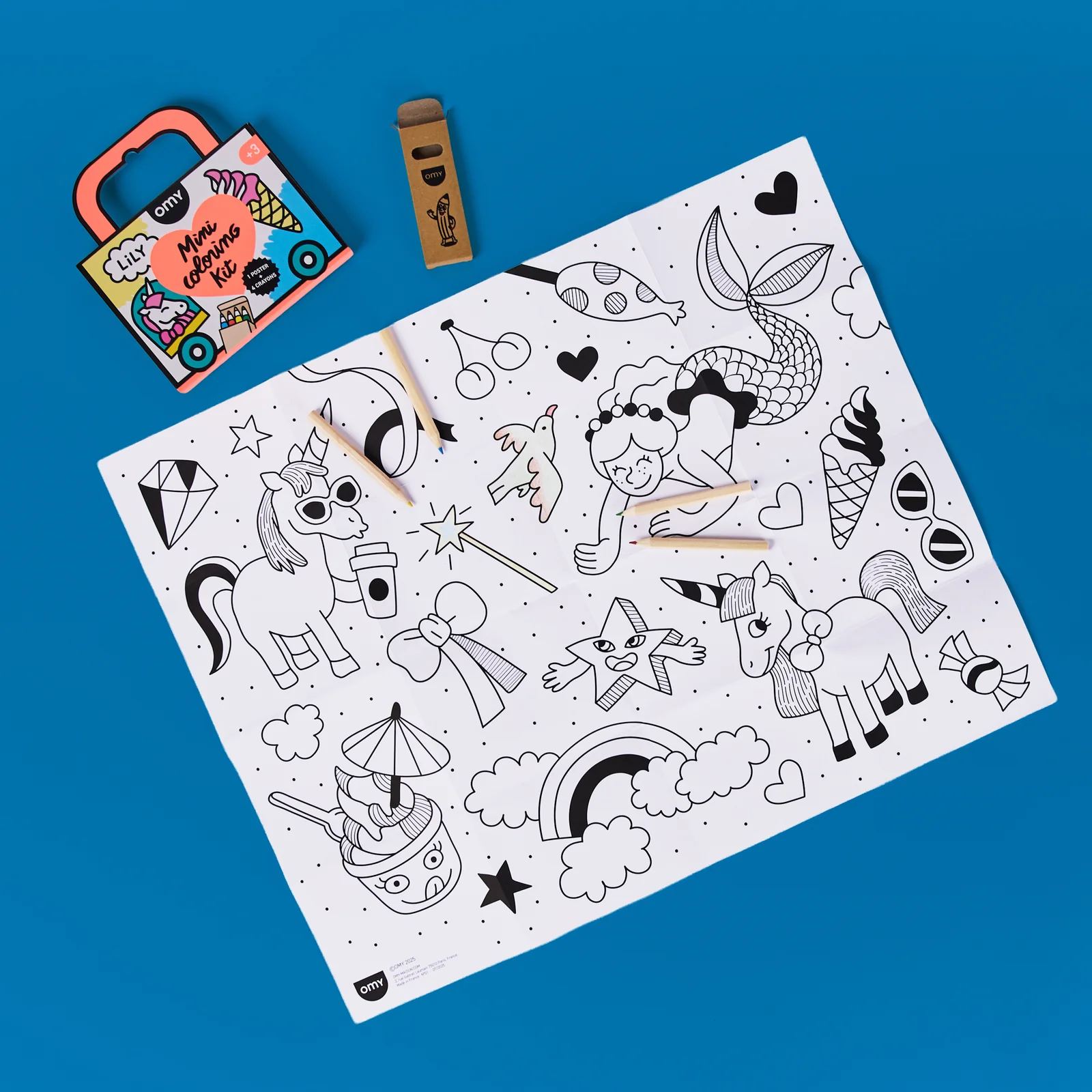 Coloring book with black and white illustrations on a blue background