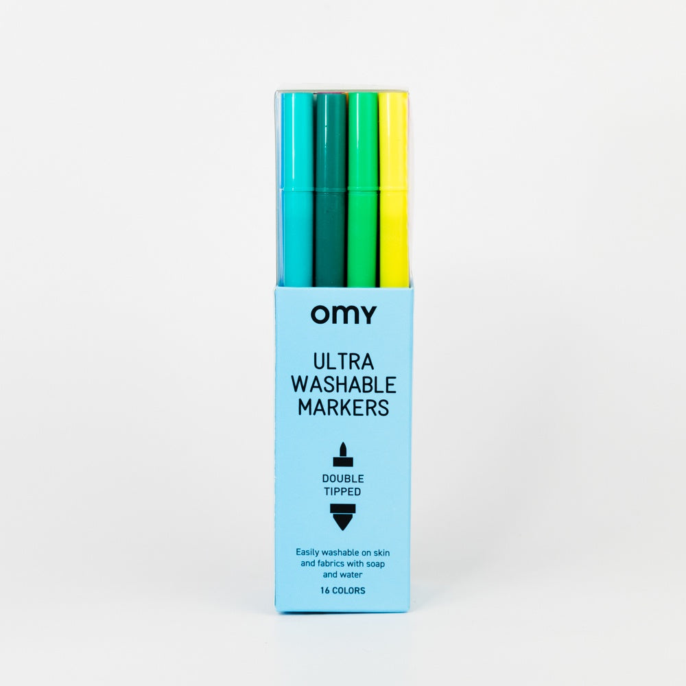 Pack of OMY ultra washable markers with three colored markers on a white background