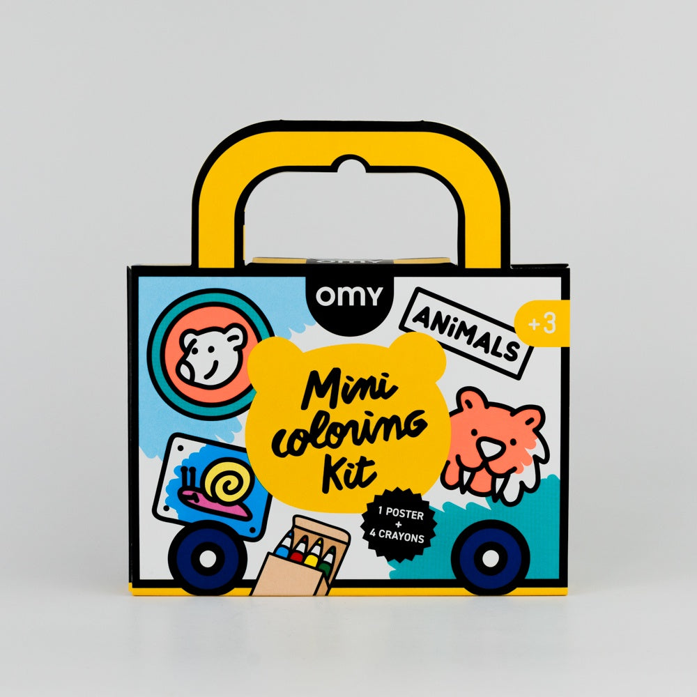 Omy mini coloring kit packaging with cartoon animals on a gray background
