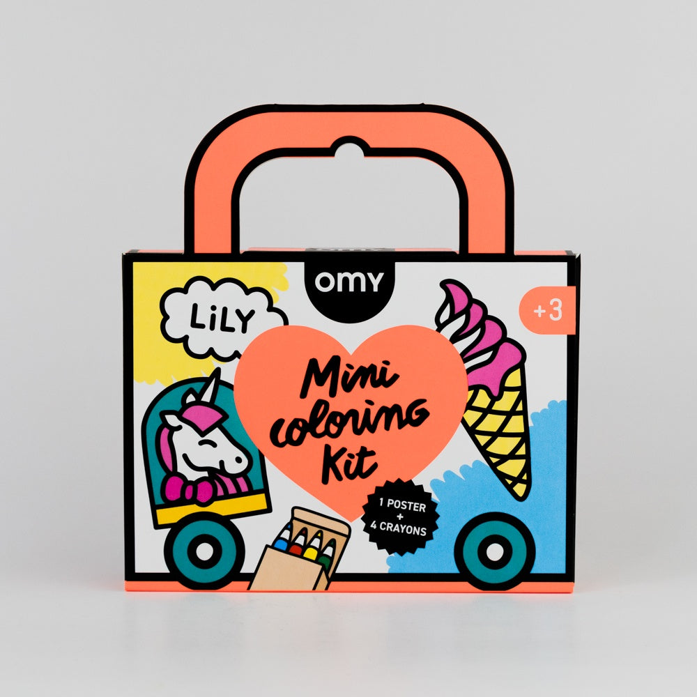 Omy mini coloring kit with unicorn and ice cream design on a gray background