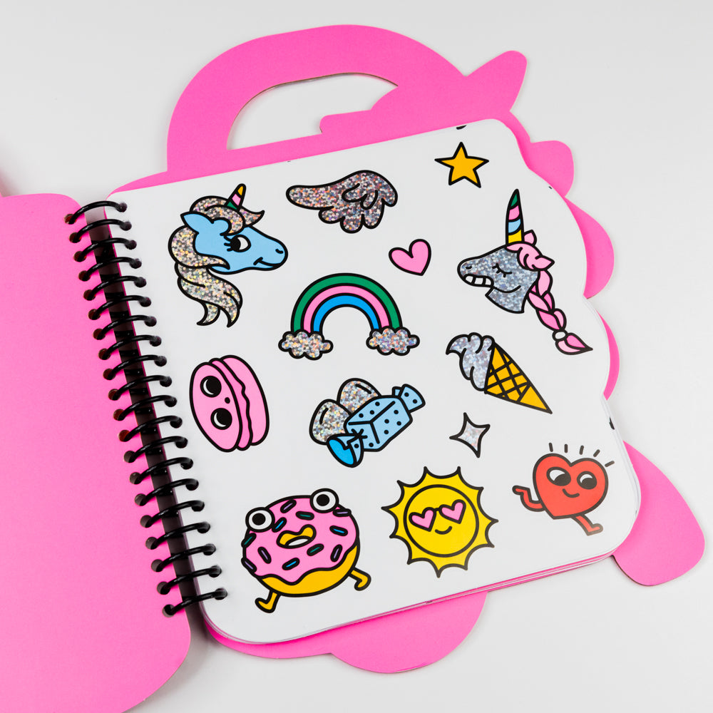 Colorful children's coloring book and crayon set with a cartoon character on a white background